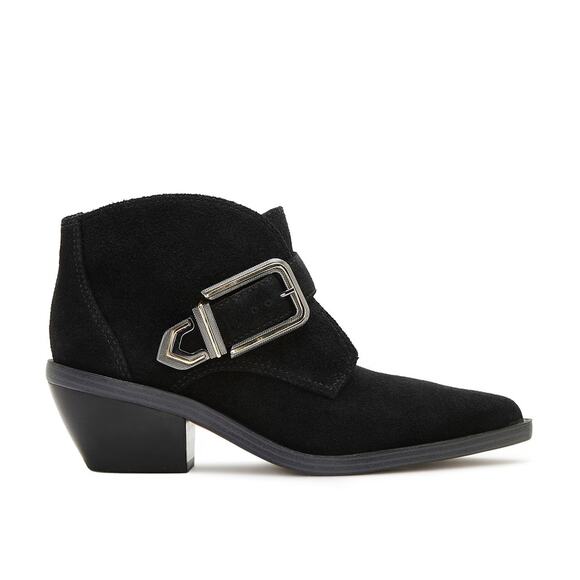 NEW Vince Camuto Ashena Black Suede Leather Buckle Zip Up Bootie Ankle Boots - Picture 1 of 14